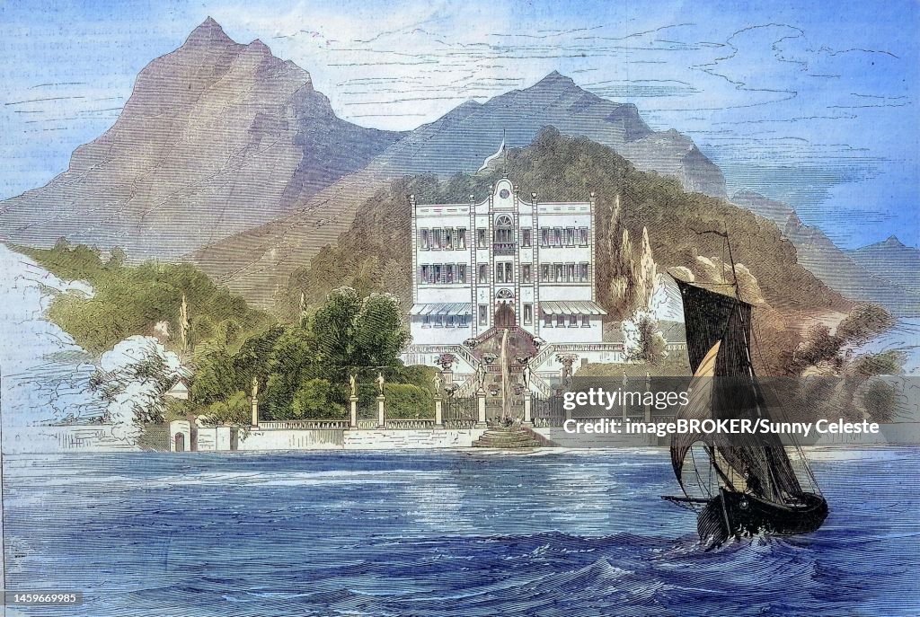 Villa Carlotta, an 18th century summer residence in Tremezzo on Lake Como, 1869, Lombardy, Italy, Historic, digitally restored reproduction of a 19th century original, exact original date unknown