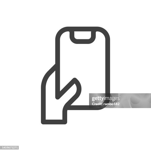 smartphone and touch screen, using phone, holding phone line vector icon on white background. editable stroke. pixel perfect. for mobile and web. outline vector graphics. - touching virtual screen stock illustrations