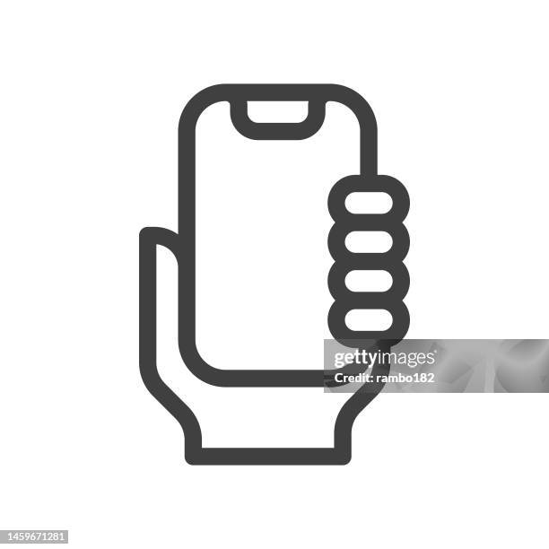 smartphone and touch screen, using phone, holding phone line vector icon on white background. editable stroke. pixel perfect. for mobile and web. outline vector graphics. - touching virtual screen stock illustrations