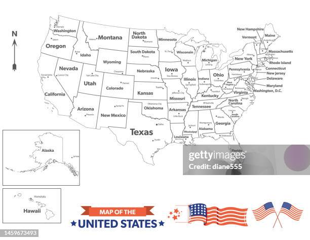 black line vereinigte staaten von amerika karte - hauptstadt stock-grafiken, -clipart, -cartoons und -symbole