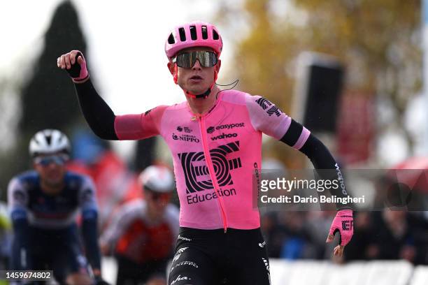 Marijn van den Berg of The Netherlands and Team EF-EasyPost celebrates at finish line as race winner during the 32nd Challenge Ciclista Mallorca 2023...