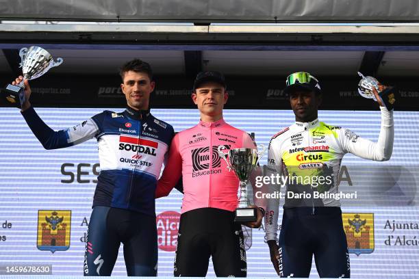 Ethan Vernon of The United Kingdom and Team Soudal-Quick Step on second place, race winner Marijn van den Berg of The Netherlands and Team...
