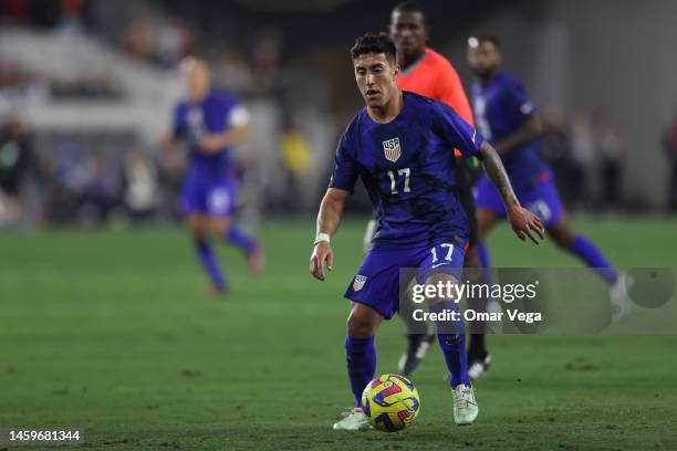 Alejandro Zendejas of United States drives the ball during the international friendly match between United States and Serbia at Banc of California...