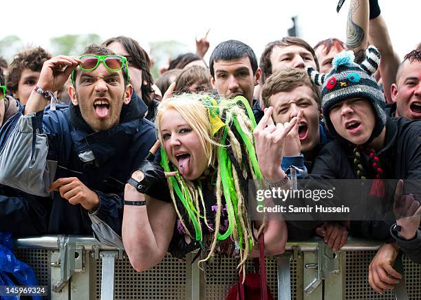 The crowd enjoy Machine Head on the Jim Marshall main stage during day 1 of Download Festival at Donington Park on June 8, 2012 in Castle Donington,...