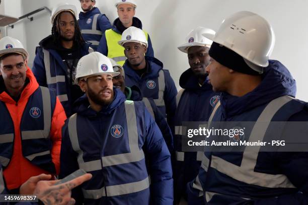 Neymar Jr and Kylian Mbappe visit the Paris Saint-Germain new training center on January 26, 2023 in Poissy, France.