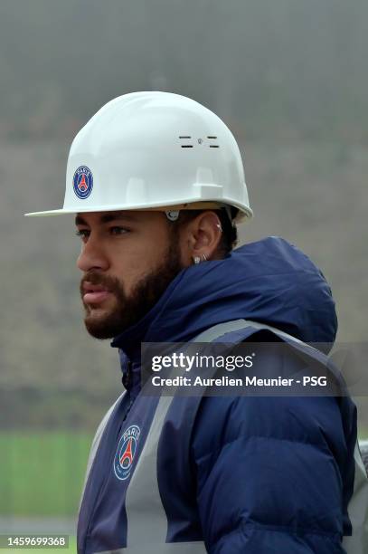 Neymar Jr looks on as PSG players visit the Paris Saint-Germain new training center on January 26, 2023 in Poissy, France.