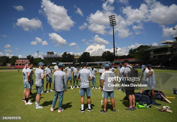 England huddle during a England Nets Session at Mangaung Oval on January 26, 2023 in Bloemfontein, South Africa.