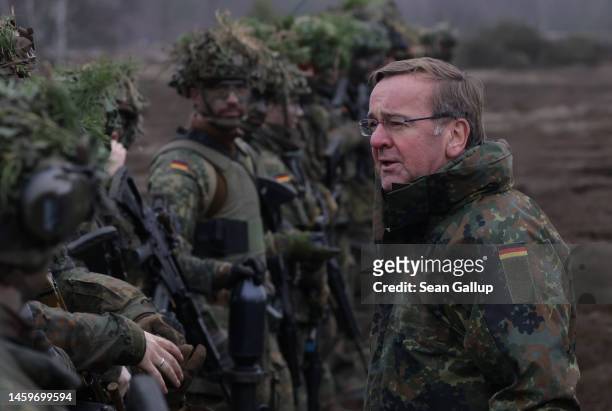 New German Defence Minister Boris Pistorius addresses troops of Panzergrenadierbataillon 122, a mechanized infantry unit of the Bundeswehr, the...