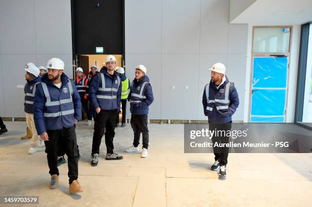 Neymar Jr, Fabian Ruiz, Marco Verratti and Leo Messi visit the Paris Saint-Germain new training center on January 26, 2023 in Poissy, France.