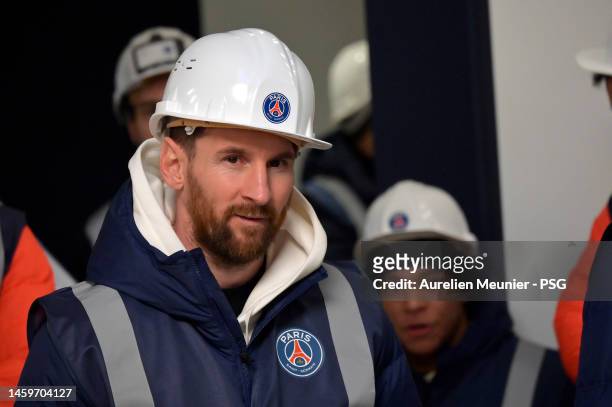 Leo Messi looks on as PSG players visit the Paris Saint-Germain new training center on January 26, 2023 in Poissy, France.
