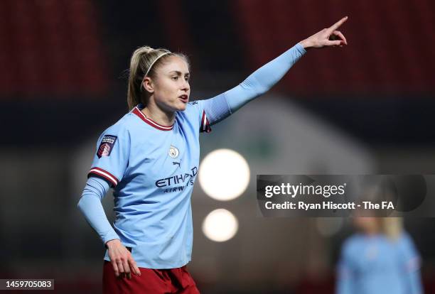 Steph Houghton of Manchester City reacts during the FA Women's Continental Tyres League Cup match between Bristol City and Manchester City at Ashton...