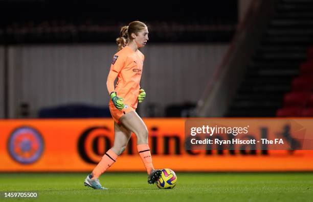 Sandy MacIver of Manchester City prepares to kick the ball during the FA Women's Continental Tyres League Cup match between Bristol City and...