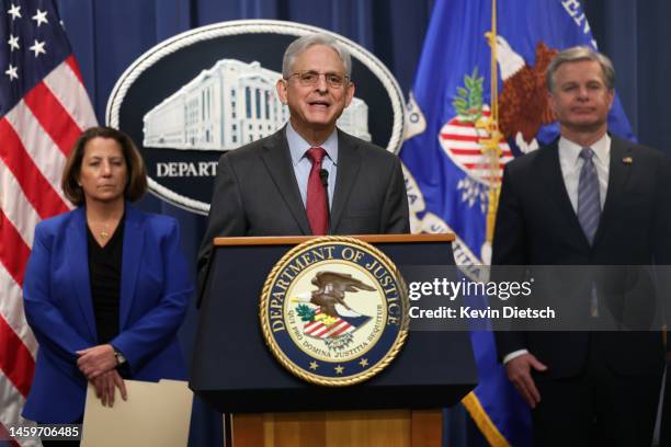 Attorney General Merrick Garland , joined by Assistant Attorney General Lisa Monaco and Director of the Federal Bureau of Investigation Christopher...