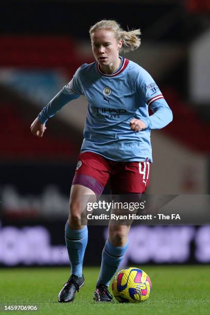 Julie Blakstad of Manchester City runs with the ball during the FA Women's Continental Tyres League Cup match between Bristol City and Manchester...