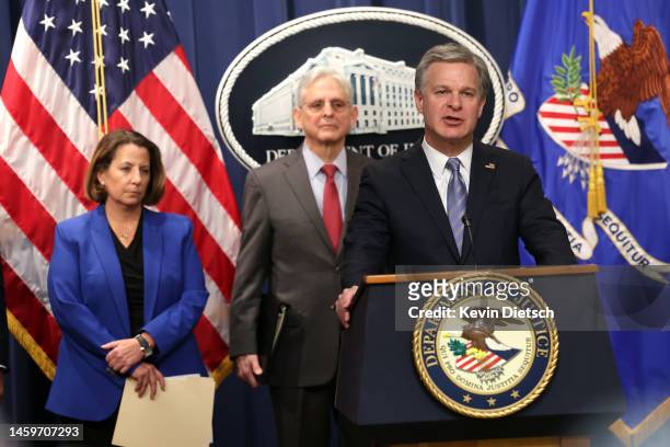 Director of the Federal Bureau of Investigation Christopher Wray , joined by Attorney General Merrick Garland and Assistant Attorney General Lisa...