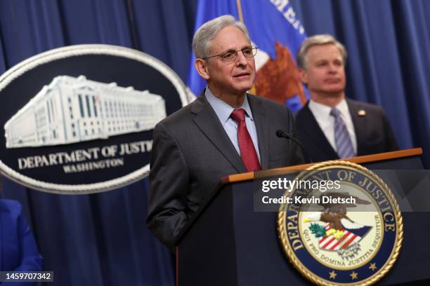 Attorney General Merrick Garland, joined by Director of the Federal Bureau of Investigation Christopher Wray, delivers remarks on an international...