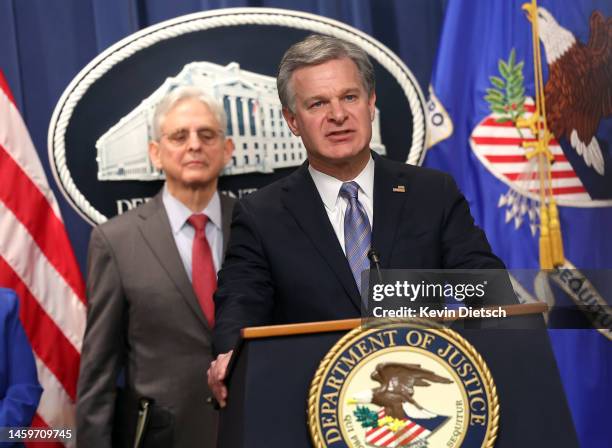 Director of the Federal Bureau of Investigation Christopher Wray , joined by Attorney General Merrick Garland, delivers remarks on an international...