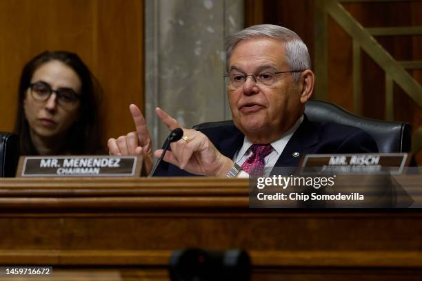 Senate Foreign Relations Committee Chairman Robert Menendez questions witnesses about the ongoing war in Ukraine during a hearing in the Dirksen...