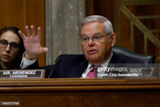 Senate Foreign Relations Committee Chairman Robert Menendez questions witnesses about the ongoing war in Ukraine during a hearing in the Dirksen...