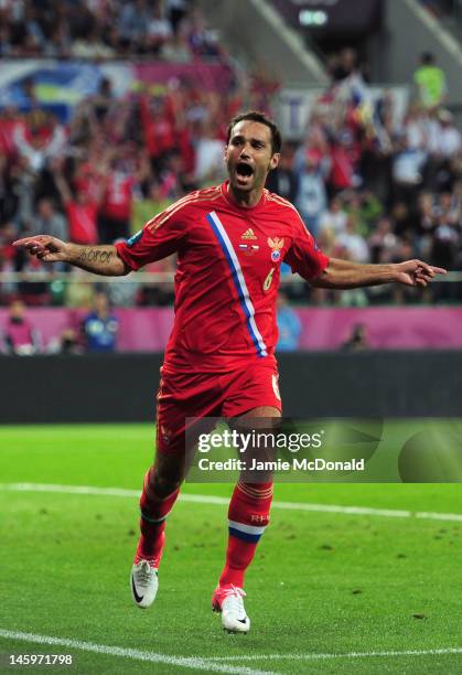 Roman Shirokov of Russia celebrates scoring their second goal during the UEFA EURO 2012 group A match between Russia and Czech Republic at The...