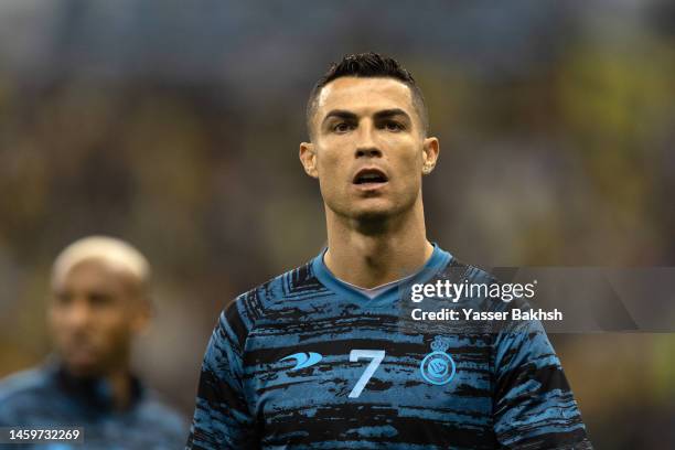 Cristiano Ronaldo of Al Nassr warms up prior to the Saudi Super Cup Semi-Final match between Al Ittihad and Al Nassr at King Fahd International...