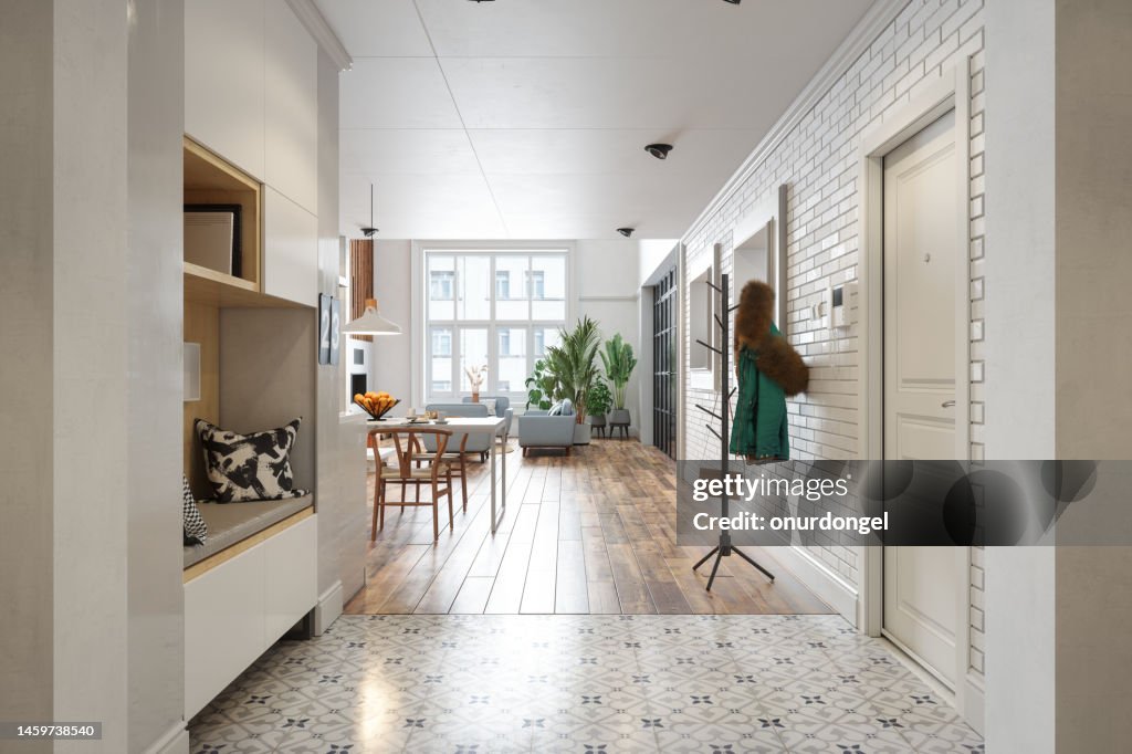 Modern Hallway With Coat Hanger, Living Room, Dining Table And Houseplants