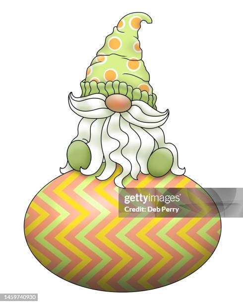 cute gnome sitting on an easter egg illustration - troll personagem fictício - fotografias e filmes do acervo