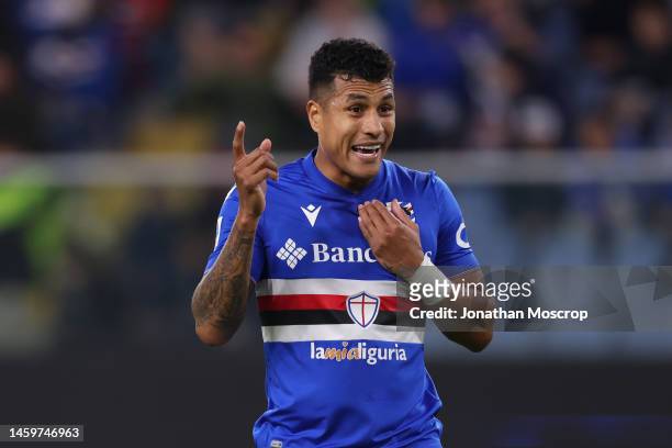 Jeison Murillo of UC Sampdoria reacts during the Serie A match between UC Sampdoria and US Lecce at Stadio Luigi Ferraris on November 12, 2022 in...