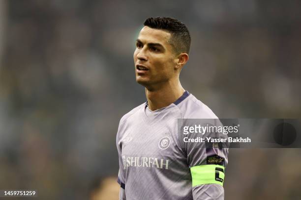 Cristiano Ronaldo of Al Nassr reacts during the Saudi Super Cup Semi-Final match between Al Ittihad and Al Nassr at King Fahd International Stadium...