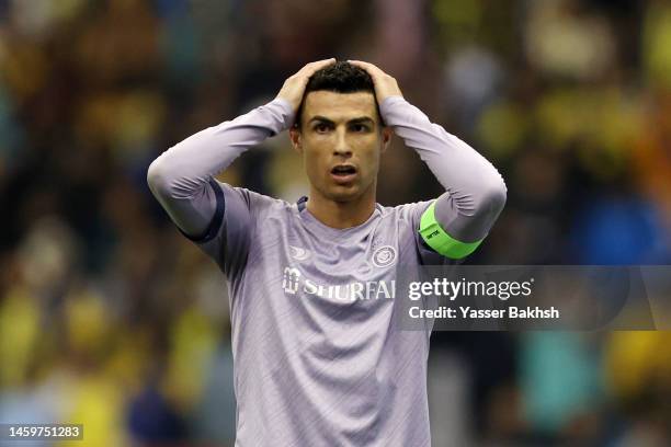 Cristiano Ronaldo of Al Nassr reacts during the Saudi Super Cup Semi-Final match between Al Ittihad and Al Nassr at King Fahd International Stadium...