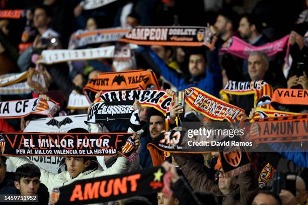 General view of fans of Valencia CF prior to during the Copa Del Rey Quarter Final match between Valencia CF and Athletic Club at Estadio Mestalla on...