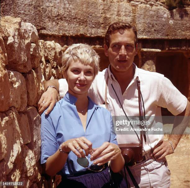 Jerusalem, Israel Actor Paul Newman and actress Joanne Woodward pose for a portrait while sightseeing, Newman is on location filming the movie...