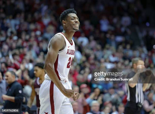 Brandon Miller of the Alabama Crimson Tide is all smiles after a second half basket that gave his team their first lead of the night against the...