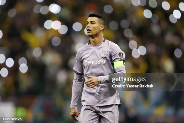 Cristiano Ronaldo of Al Nassr looks on during the Saudi Super Cup Semi-Final match between Al Ittihad and Al Nassr at King Fahd International Stadium...