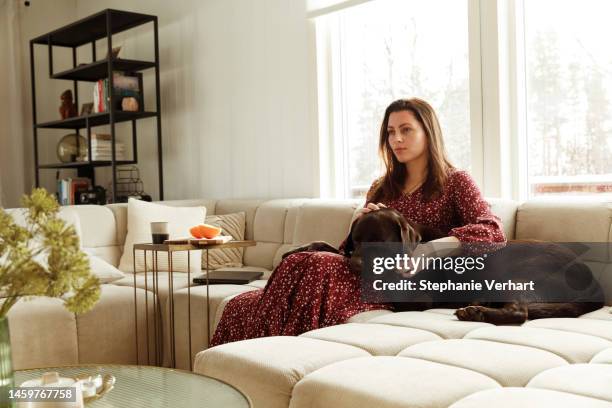 woman looking at the television while cuddling her dog - pets thunderstorm stock pictures, royalty-free photos & images