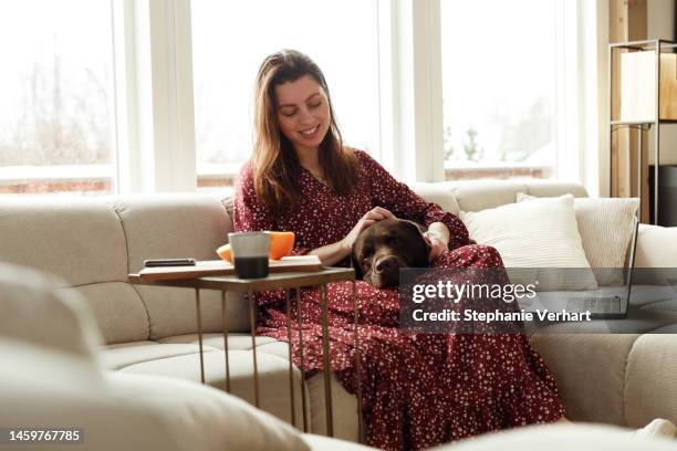 woman smiling and cuddling with her pet - pets thunderstorm stock pictures, royalty-free photos & images