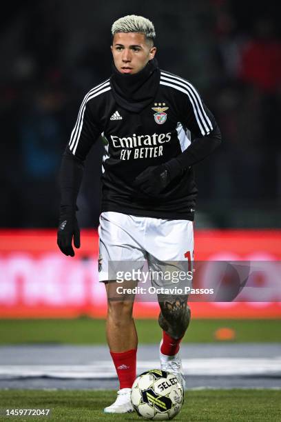 Enzo Fernandez of SL Benfica in action during warmup prior the Liga Portugal Bwin match between Pacos de Ferreira and SL Benfica at Estadio Capital...