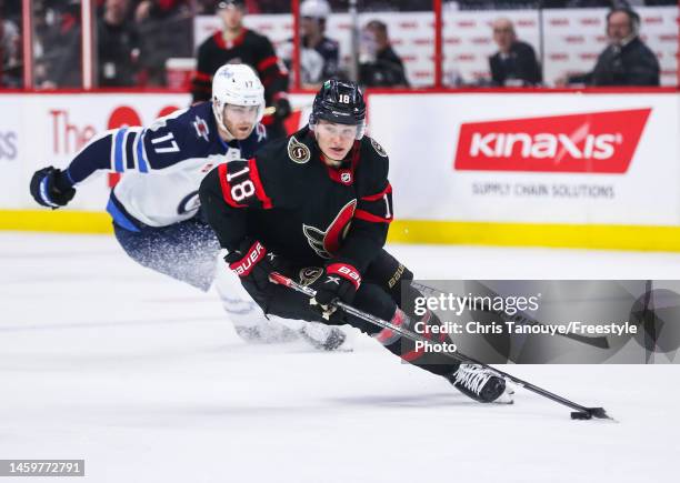 Tim Stützle of the Ottawa Senators skates against the Winnipeg Jets during the game at Canadian Tire Centre on January 21, 2023 in Ottawa, Ontario,...
