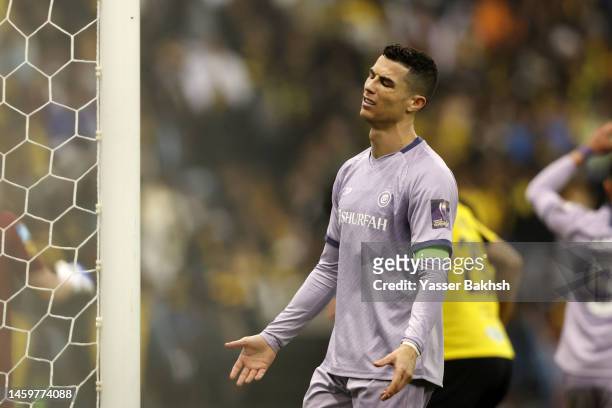 Cristiano Ronaldo of Al Nassr reacts during the Saudi Super Cup Semi-Final match between Al Ittihad and Al Nassr at King Fahd International Stadium...