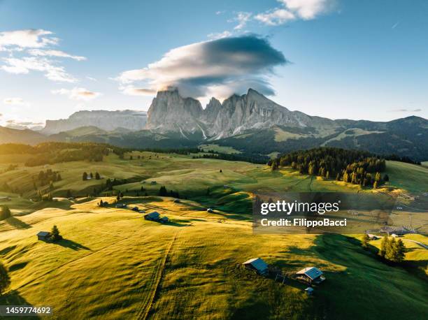aerial view of seiser alm - famous landmark in northern italy - plateau landelement stockfoto's en -beelden