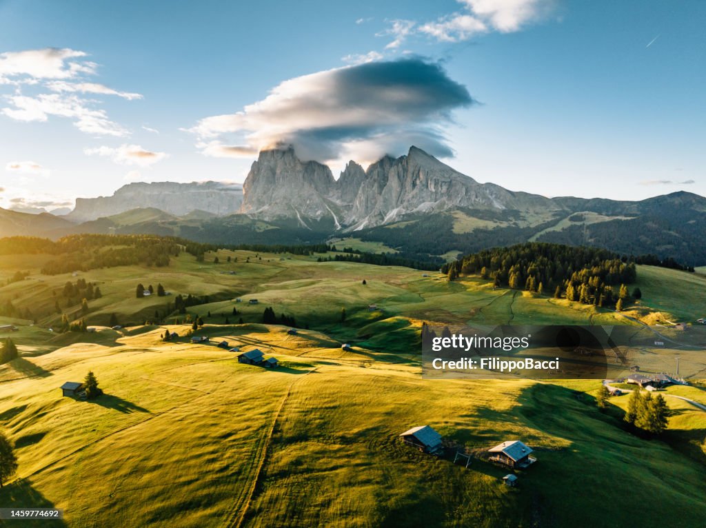 Aerial view of Seiser Alm - Famous landmark in northern Italy