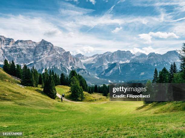 vista panorâmica das dolomitas italianas em alta badia perto da aldeia de san cassiano - alta badia - fotografias e filmes do acervo