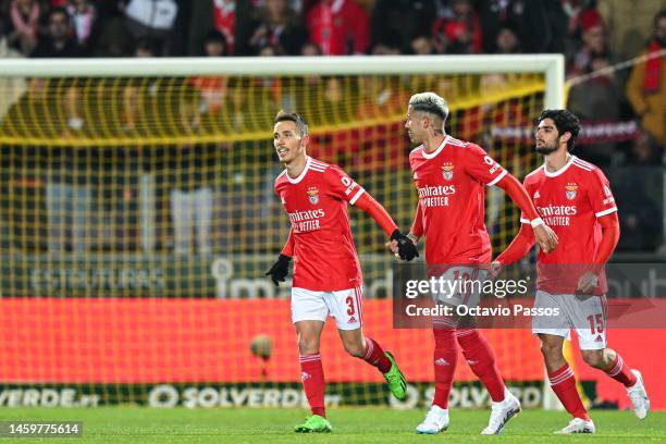 Alex Grimaldo of SL Benfica celebrates with Enzo Fernandez after scores his sides first goal during the Liga Portugal Bwin match between Pacos de...