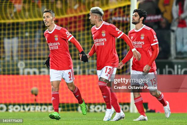 Alex Grimaldo of SL Benfica celebrates with Enzo Fernandez after scores his sides first goal during the Liga Portugal Bwin match between Pacos de...