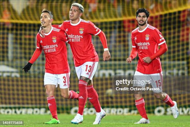 Alex Grimaldo of SL Benfica celebrates with Enzo Fernandez after scores his sides first goal during the Liga Portugal Bwin match between Pacos de...