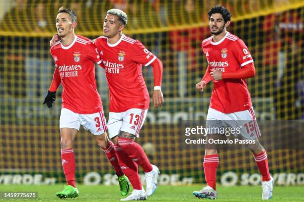 Alex Grimaldo of SL Benfica celebrates with Enzo Fernandez after scores his sides first goal during the Liga Portugal Bwin match between Pacos de...