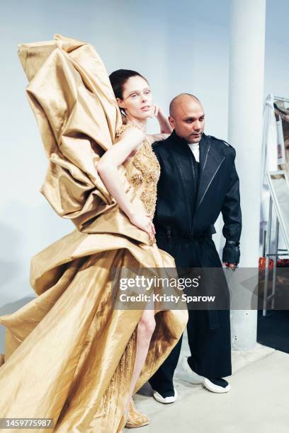 Coco Rocha and designer Gaurav Gupta pose backstage prior to the Gaurav Gupta Haute Couture Spring Summer 2023 show as part of Paris Fashion Week on...