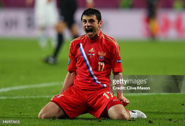 Alan Dzagoev of Russia celebrates scoring their third goal during the UEFA EURO 2012 group A match between Russia and Czech Republic at The Municipal...