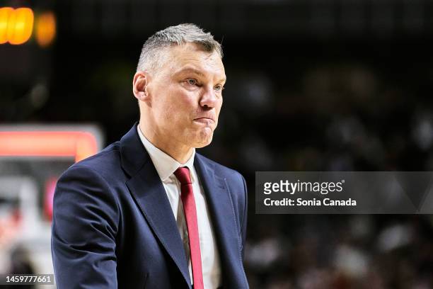 Sarunas Jasikevicius, coach of FC Barcelona at the end of the 2022/2023 Turkish Airlines EuroLeague match between Real Madrid and FC Barcelona at...