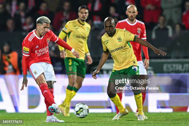 Enzo Fernandez of SL Benfica and Luiz Carlos of Pacos de Ferreira in action during warmup prior the Liga Portugal Bwin match between Pacos de...